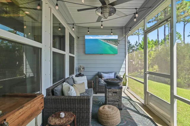 a view of a porch with furniture