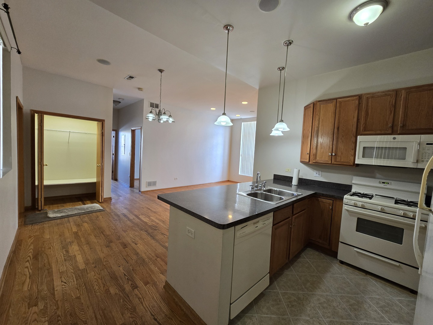 1700 West Cermak Road, Unit 2R Chicago, IL 60608 - Photo 8 of 10 a kitchen with stainless steel appliances granite countertop a sink a stove and a wooden floors
