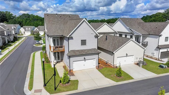 an aerial view of a pool