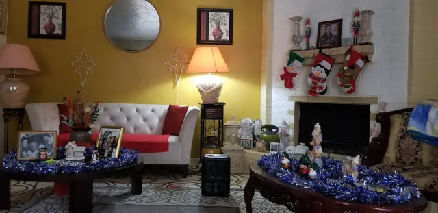 a living room with furniture and a fireplace