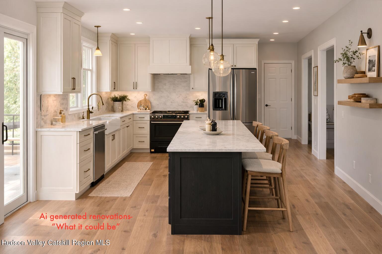 214 Wright Road Kerhonkson, NY 12446 - Photo 17 of 50 a large kitchen with stainless steel appliances kitchen island granite countertop a stove a sink a refrigerator and a dining table with wooden floor