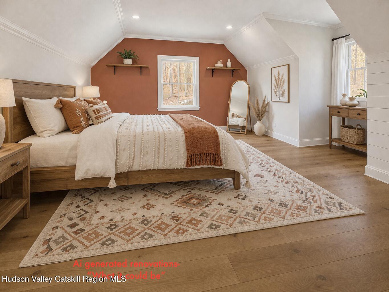 214 Wright Road Kerhonkson, NY 12446 - Photo 30 of 50 a bedroom with a bed large mirror and lamp