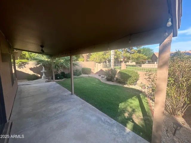 a view of a swimming pool with a bench and trees around