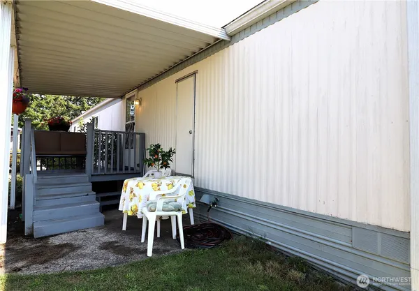 a porch with seating space