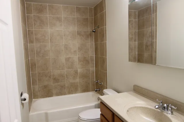 a bathroom with a sink toilet vanity and shower