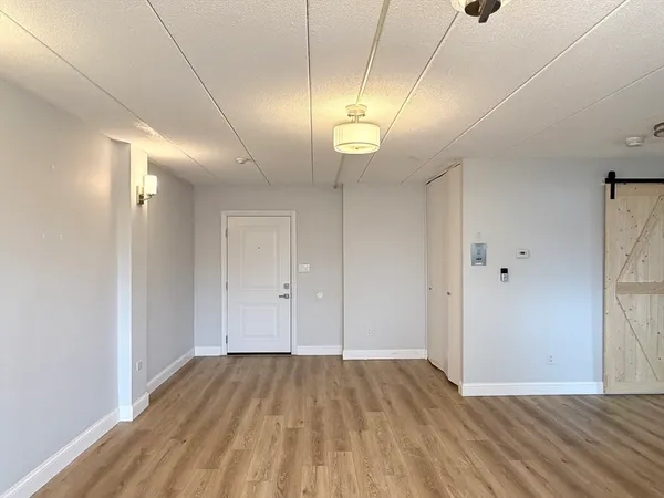 a view of empty room with wooden floor