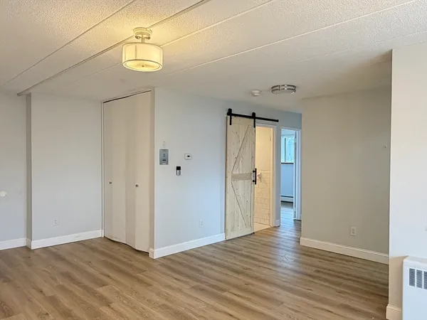 a view of an empty room with wooden floor