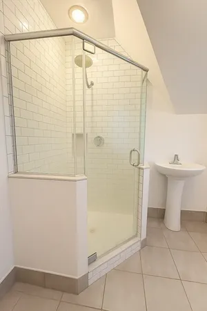 a bathroom with a shower and toilet