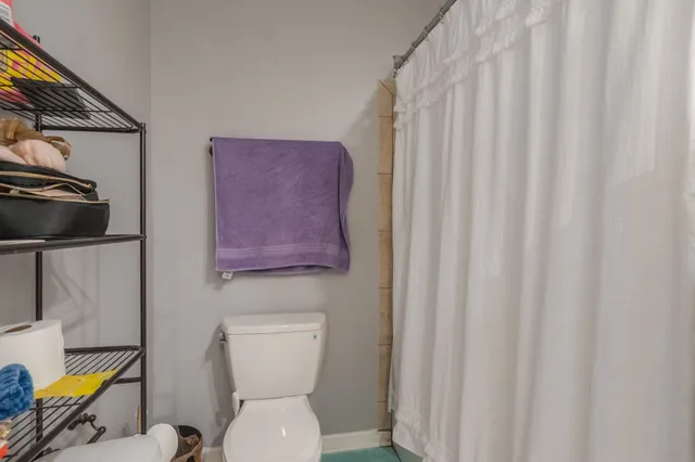 a white toilet sitting next to a shower curtain