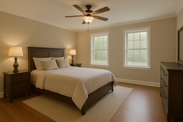 a bedroom with a bed and a window