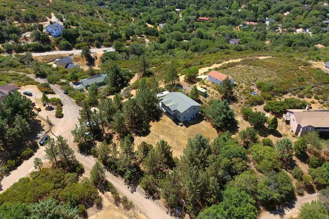 a aerial view of a house with a yard and large trees