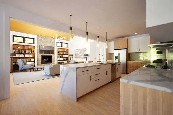 a large kitchen with kitchen island a large window a sink and stainless steel appliances