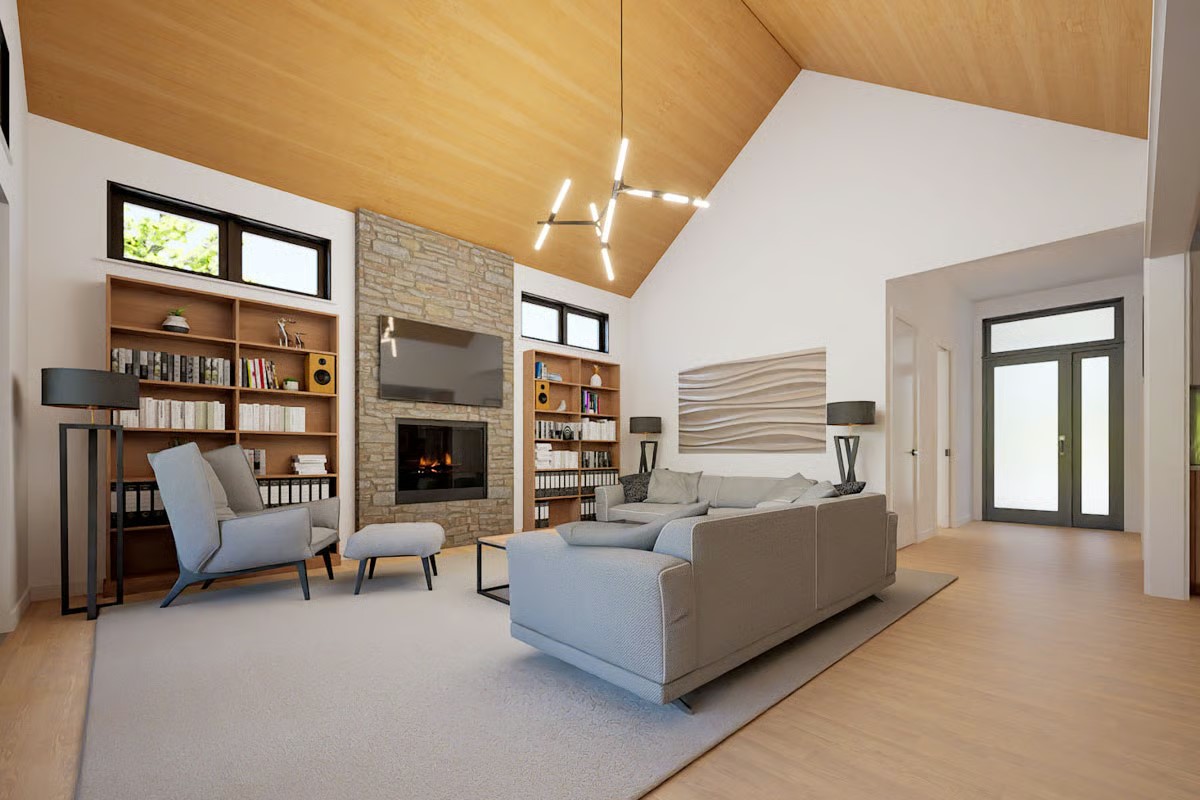 2004 Ballinger Drive Spicewood, TX 78669 - Photo 6 of 30 Spacious great room featuring a soaring vaulted wood ceiling and a stunning gas fireplace with a stone surround.
