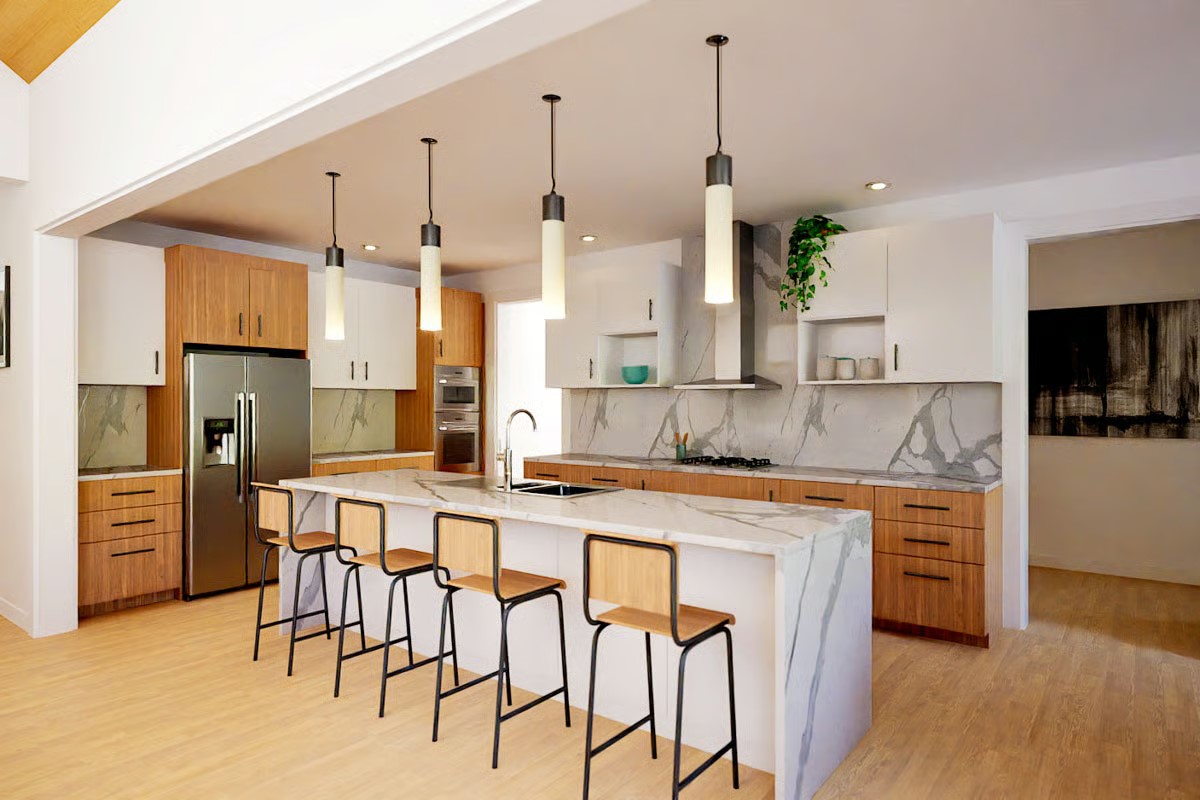 2004 Ballinger Drive Spicewood, TX 78669 - Photo 8 of 30 Elegant kitchen has quartz countertops with a waterfall island, custom wood cabinetry, and Thermador appliances.