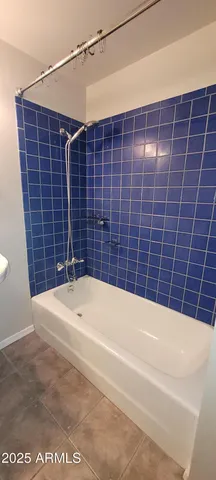 a bathroom with a bathtub and shower