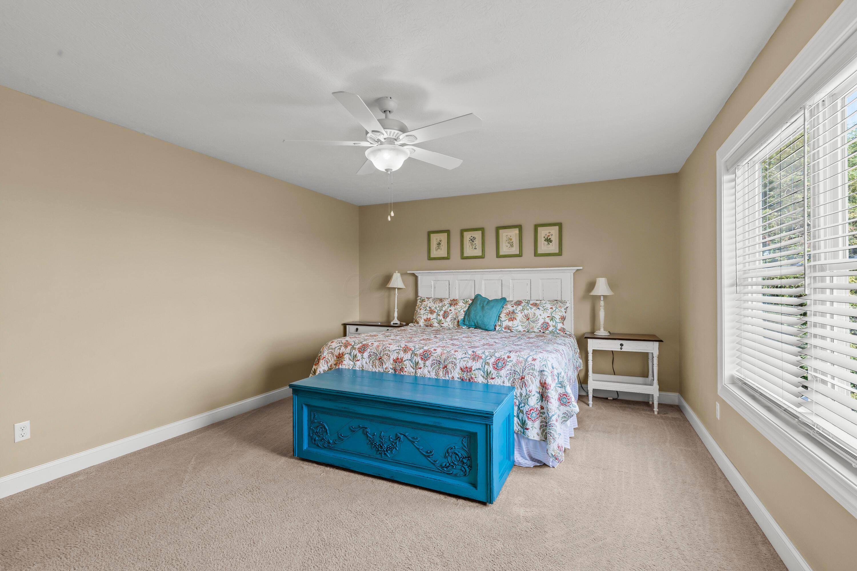 3582 Panhandle Road Delaware, OH 43015 - Photo 10 of 65 • Light sand carpet • Tan painted walls • Lighted ceiling fan • Headboard does not remain • 2” blinds
