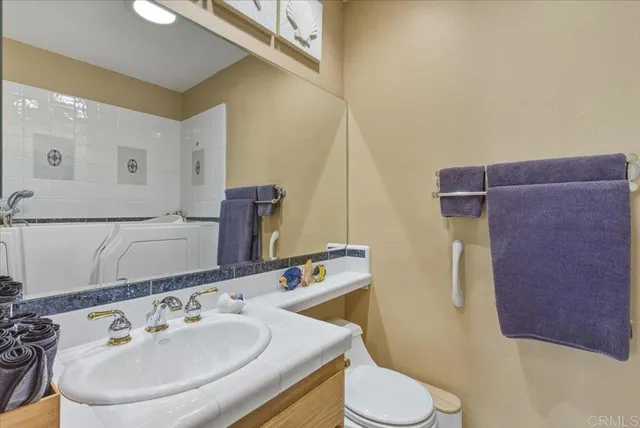 a bathroom with a sink toilet and mirror