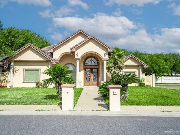 a view of a house with a small yard plants and a large tree