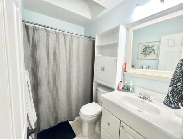 a bathroom with a sink a toilet and shower curtain