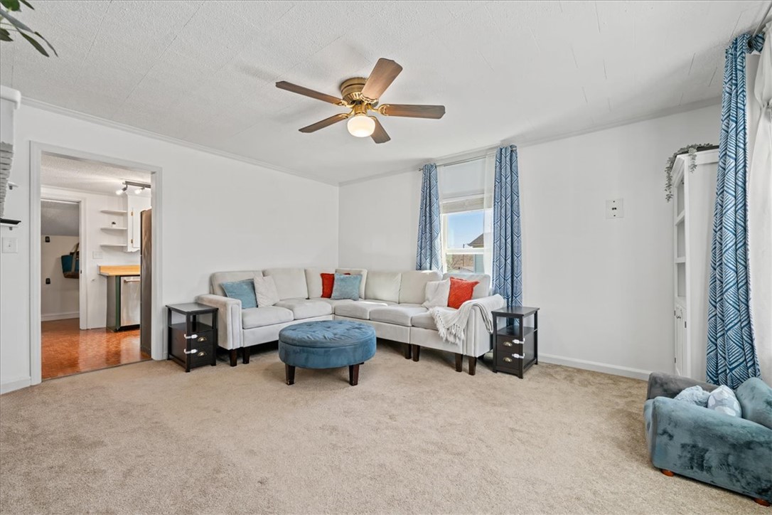 6 Fuller Street Pelzer, SC 29669 - Photo 5 of 36 This bright living area features comfortable carpet flooring and a ceiling fan, offering a cozy ambiance.