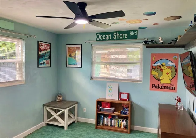 a room with furniture and a book shelf