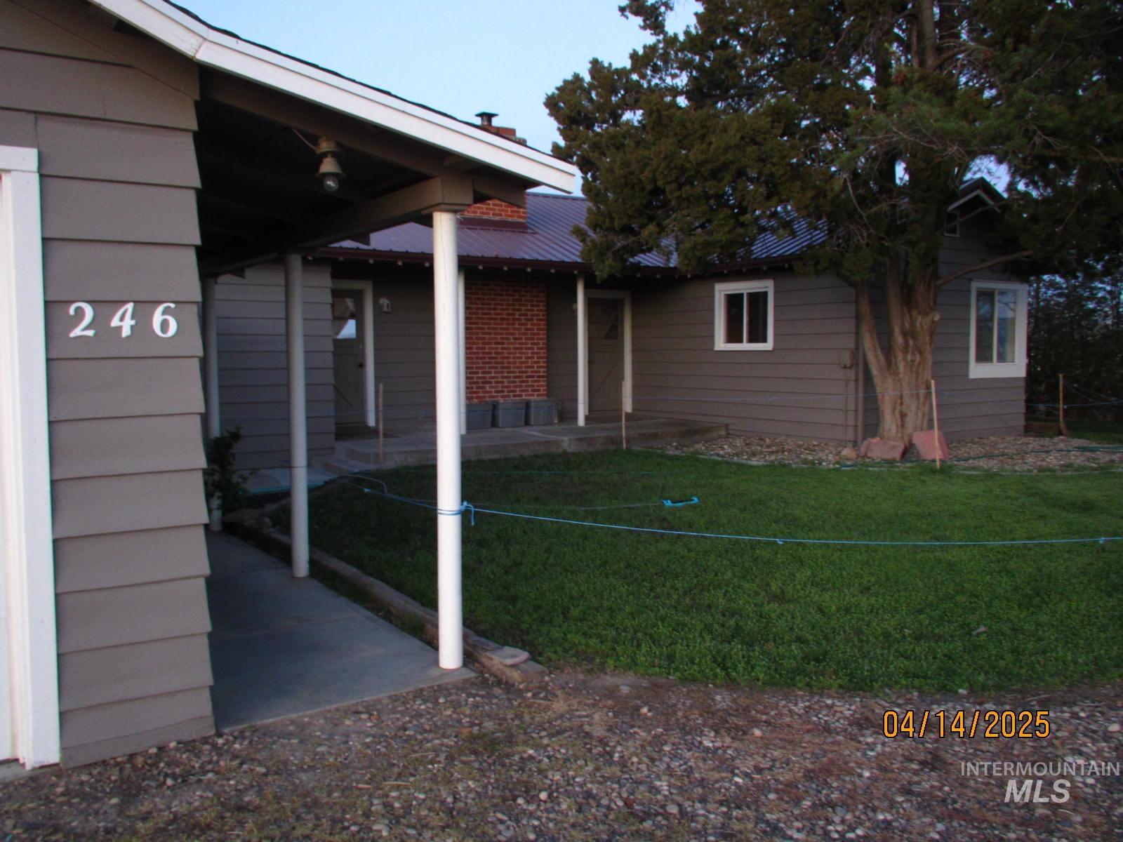 Property entrance featuring a lawn and a metal roof
