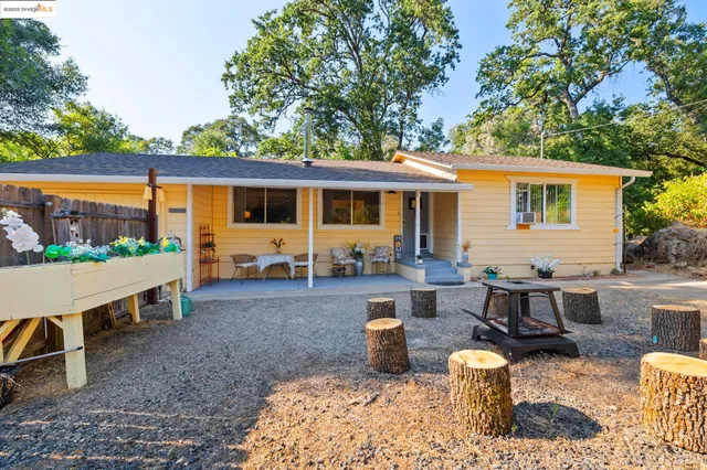a view of a house with backyard sitting area and garden