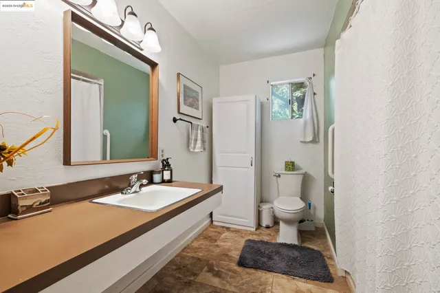 a bathroom with a sink a toilet a mirror and shower