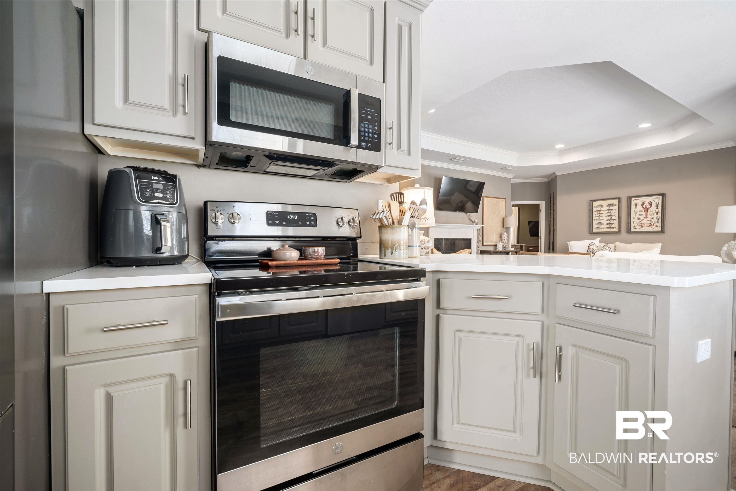 27288 Parker Lane Daphne, AL 36526 - Photo 28 of 29 Kitchen with appliances with stainless steel finishes, a raised ceiling, open floor plan, ornamental molding, and a peninsula