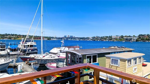 a view of a lake with a terrace
