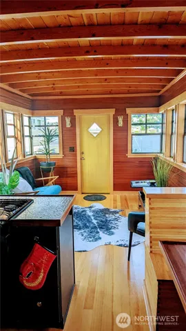 a outdoor dining space with furniture