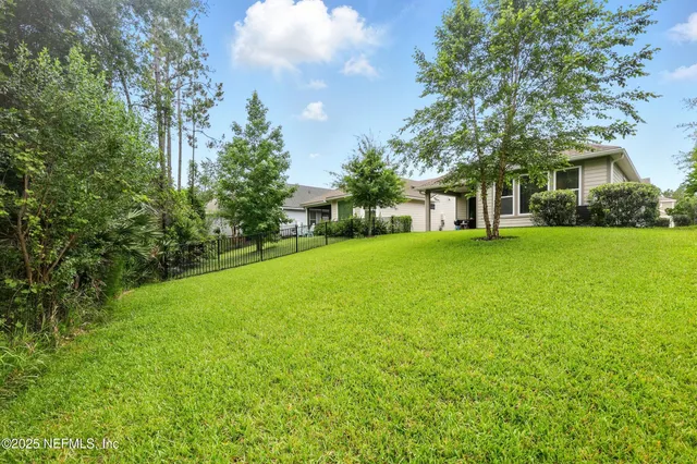 a view of a house with a yard potted plants and a large tree