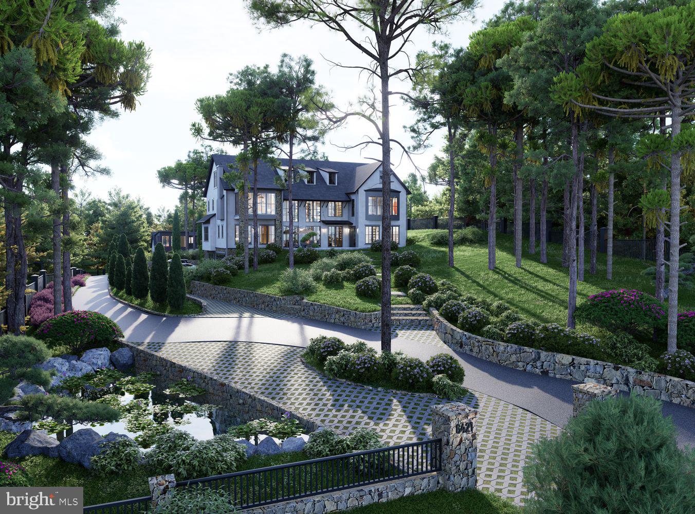 a view of a garden with potted plants and large trees