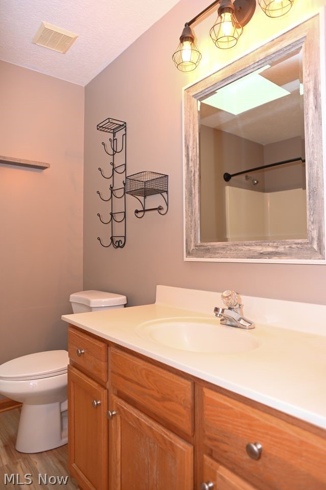8878 Finley Road Wooster, OH 44691 - Photo 18 of 23 Bathroom featuring vanity, toilet, wood-type flooring, and a textured ceiling