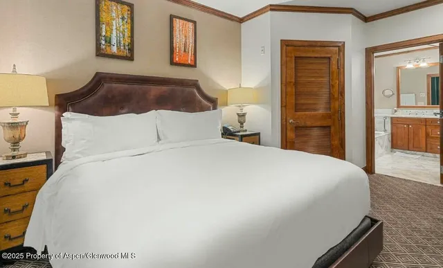 a bedroom with a bed and a view of bathroom