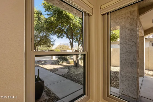 a view of a backyard with large trees