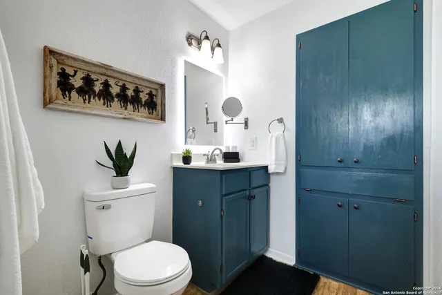 a bathroom with a toilet a sink and mirror