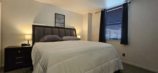 a bedroom with a bed and a closet