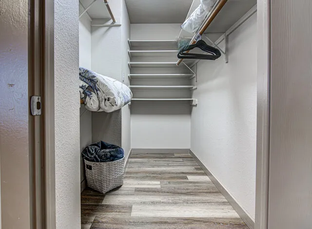 a view of walk in closet with clothes and shoes