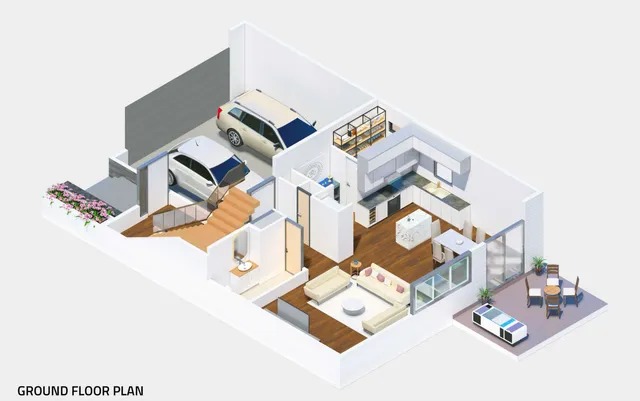 an aerial view of a house and with a floor to ceiling window