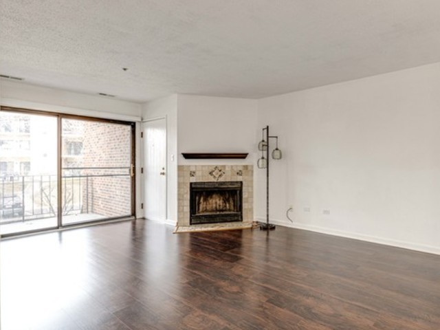 760 Weidner Road, Unit 107 Buffalo Grove, IL 60089 - Photo 5 of 22 an empty room with wooden floor fireplace and windows