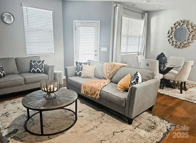 a living room with furniture and a potted plant