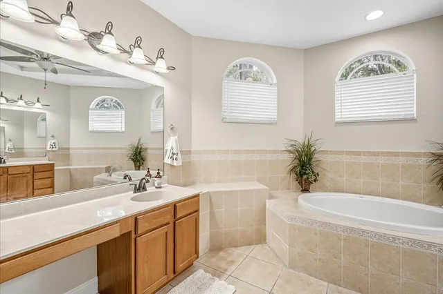 a bathroom with a tub a sink and mirror