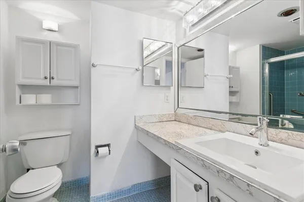 a bathroom with a shower and toilet