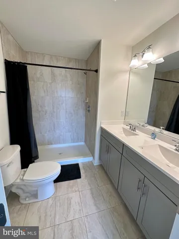 a bathroom with a sink a toilet a mirror a vanity and shower