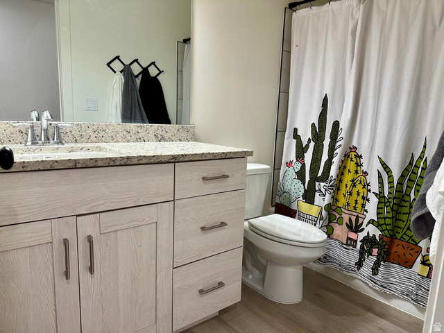 4349 Half Mile Road East Enoch, UT 84721 - Photo 32 of 36 Bathroom featuring vanity, a shower with shower curtain, and light wood-style flooring