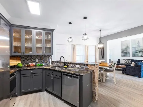 a kitchen with lots of counter top space