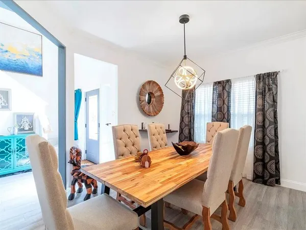 a view of a dining room with furniture window and wooden floor