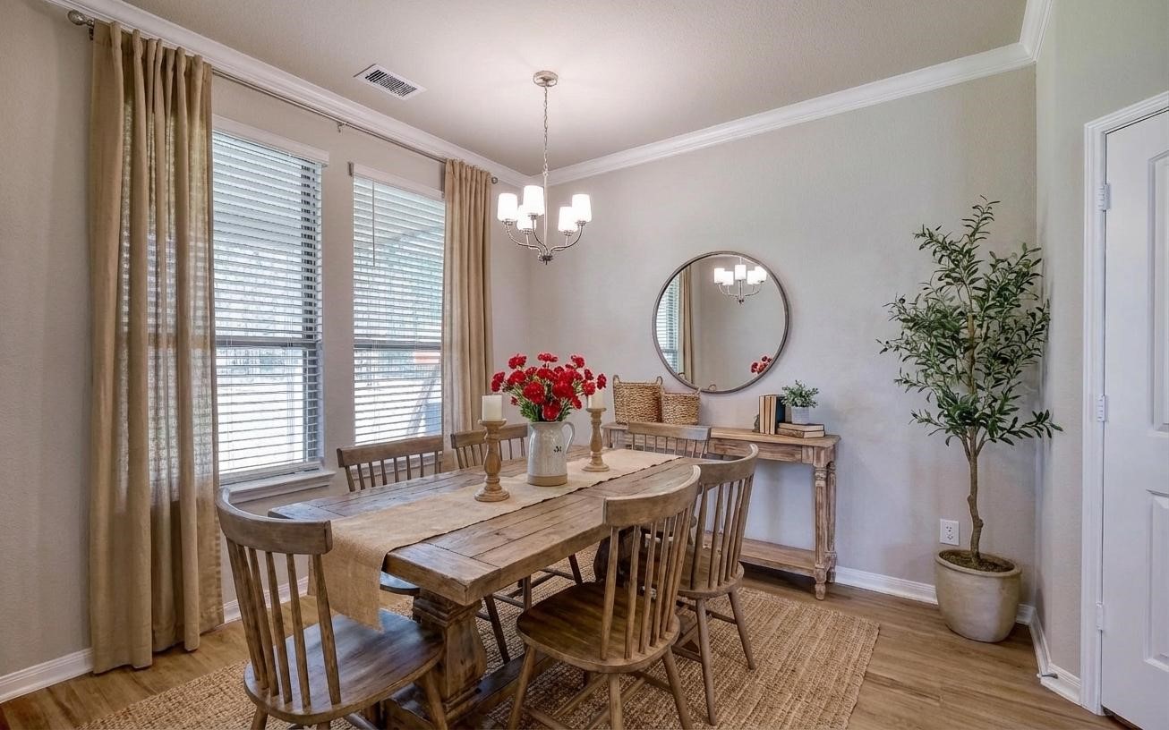 16747 Rockwall Street Conroe, TX 77303 - Photo 19 of 50 a view of a dining room with furniture and chandelier