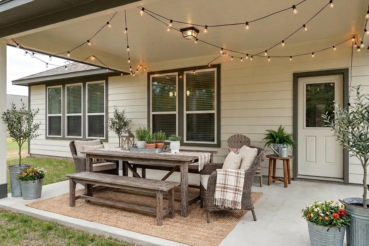 16747 Rockwall Street Conroe, TX 77303 - Photo 3 of 50 DIGITALLY STAGED patio overlooking the partially cleared rear of property. Have a beverage here at the end of a long day and enjoy country life. 16747 Rockwall St, 77303 features .9 partially cleared acre, stone and brick home built in 2023. Well cared for, and ready to grow your dreams!